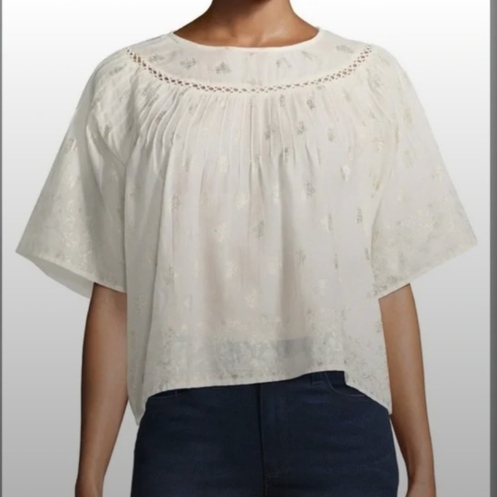 LoveShackFancy Isabella white gold Foil Print crepe Top